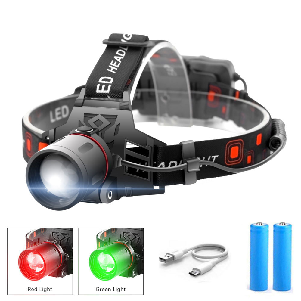 | Wiederaufladbare LED Stirnlampe mit Weiß-, Rot- und Grünlicht – Leistungsstarke Kopflampe mit USB und Akku