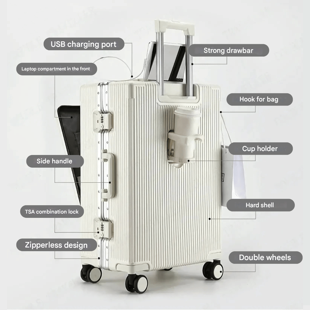 | Manhattan Pro – Hartschalen-Handgepäckkoffer mit Aluminiumrahmen, Laptopfach und USB-Anschlüssen