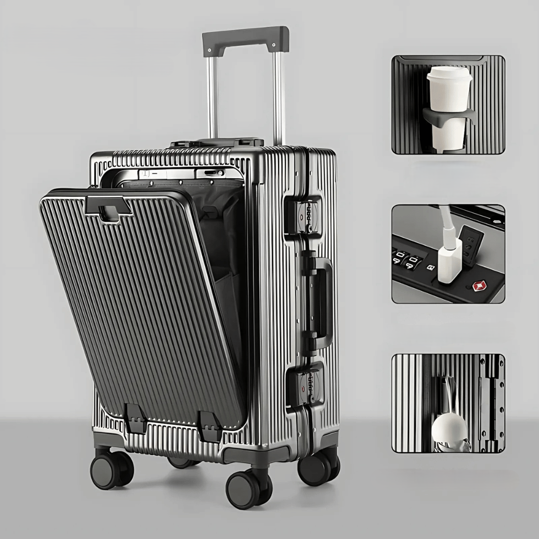 | Manhattan Pro – Hartschalen-Handgepäckkoffer mit Aluminiumrahmen, Laptopfach und USB-Anschlüssen