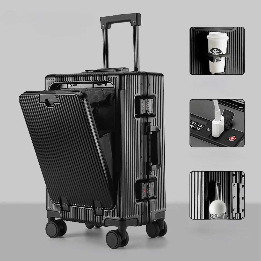| Manhattan Pro – Hartschalen-Handgepäckkoffer mit Aluminiumrahmen, Laptopfach und USB-Anschlüssen