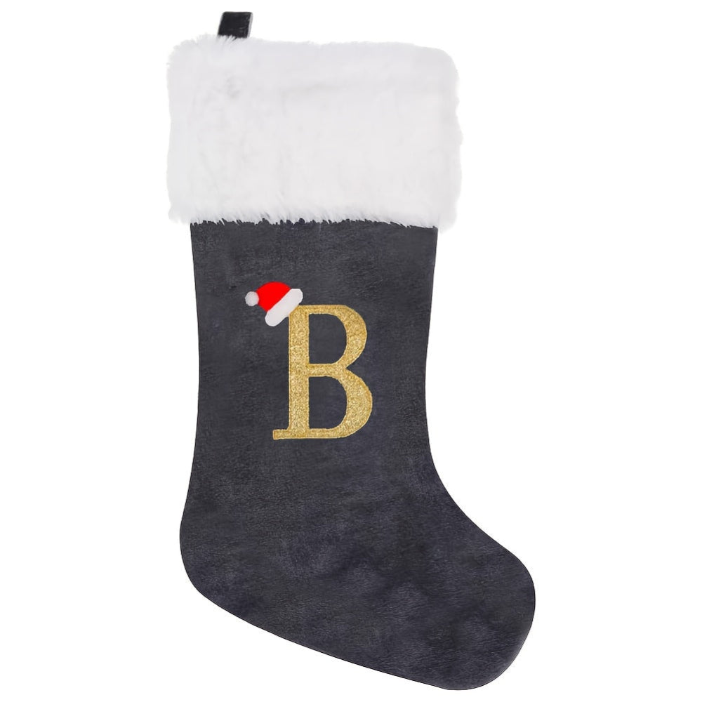 Weihnachtsstrümpfe, Samt, Monogramm Buchstabe Grau, Deko