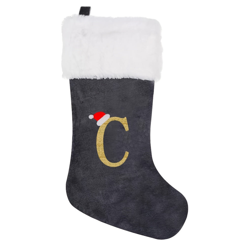 Weihnachtsstrümpfe, Samt, Monogramm Buchstabe Grau, Deko