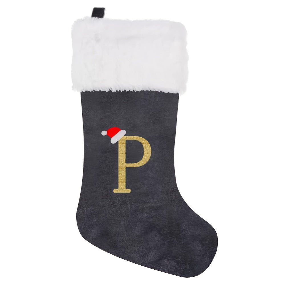 Weihnachtsstrümpfe, Samt, Monogramm Buchstabe Grau, Deko