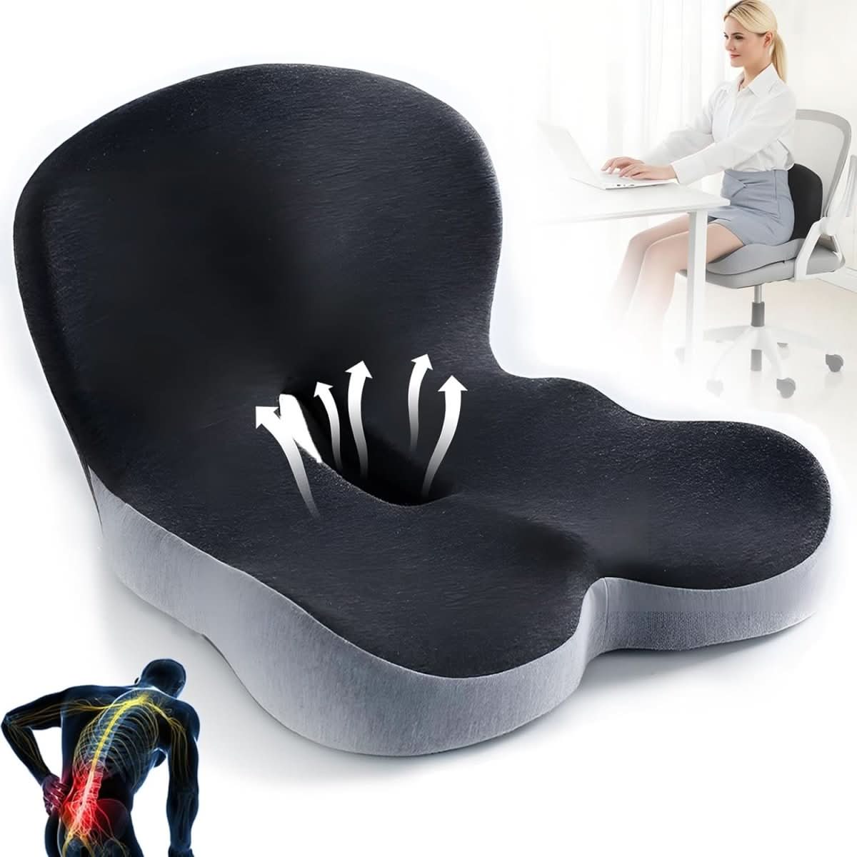 | Ergonomisches Sitzkissen mit Lendenstütze für Büro, Auto & Reisen