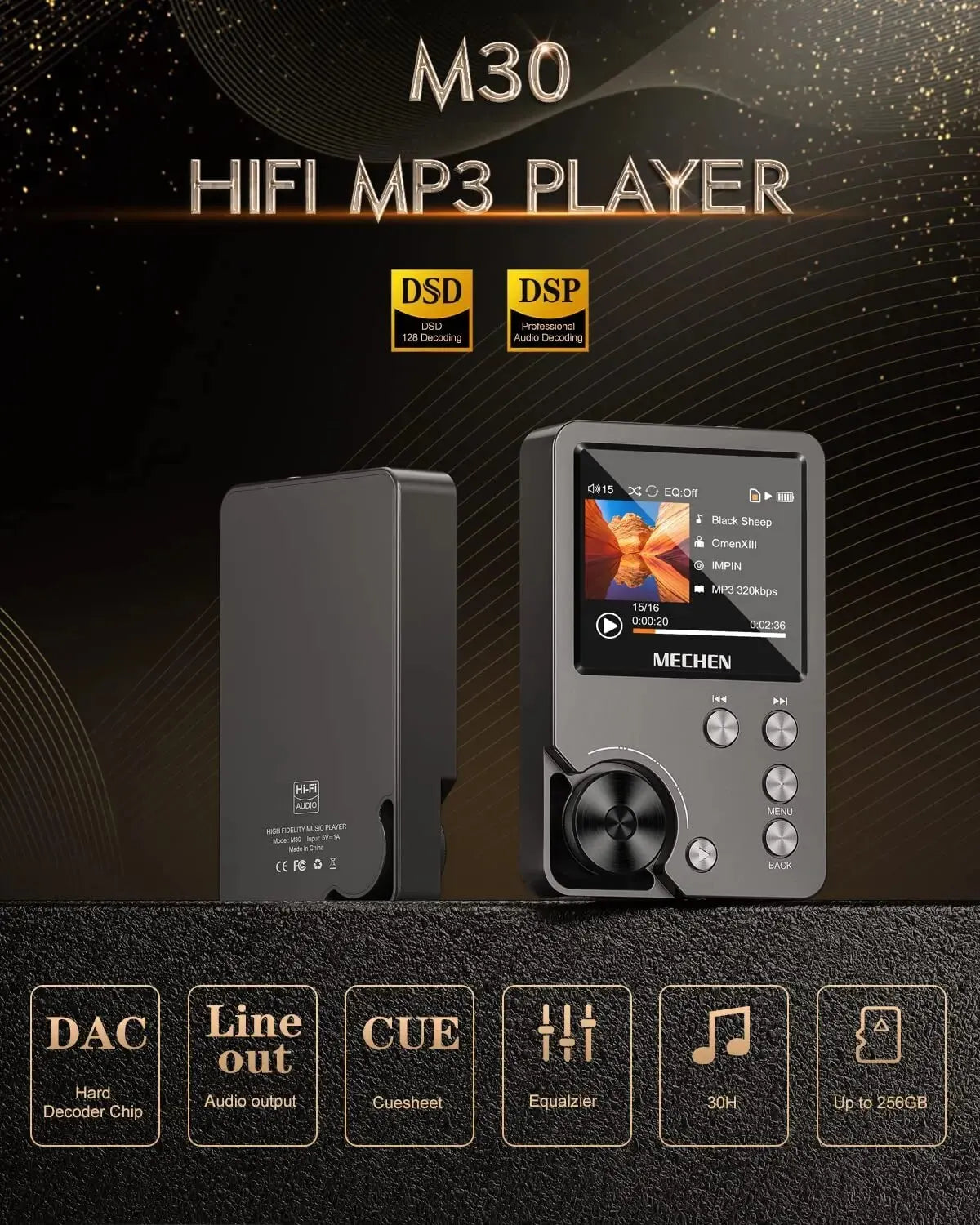 | HiFi MP3 Player MECHEN-M30 – Premium verlustfreies Audio mit 64GB Speicherkarte, unterstützt bis zu 256GB