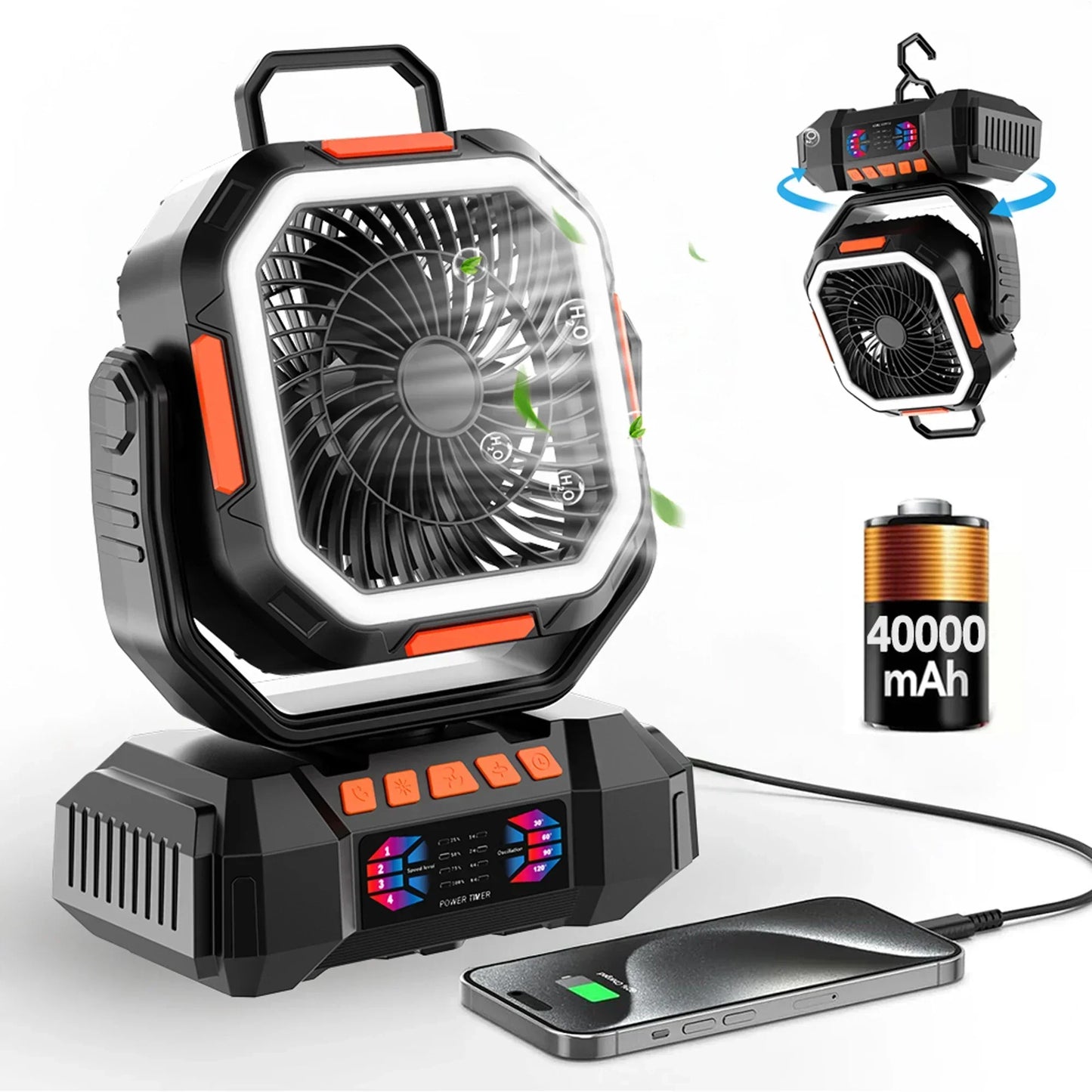 | Wiederaufladbarer Campingventilator mit 40000mAh Akku & LED Laterne – F22