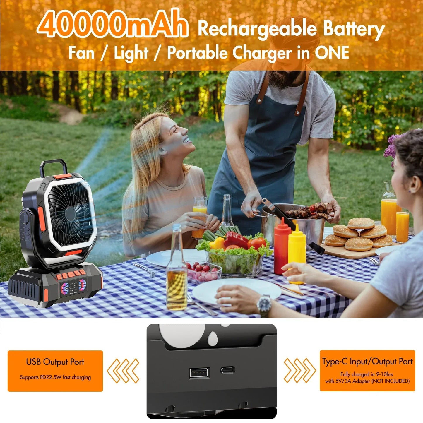 | Wiederaufladbarer Campingventilator mit 40000mAh Akku & LED Laterne – F22