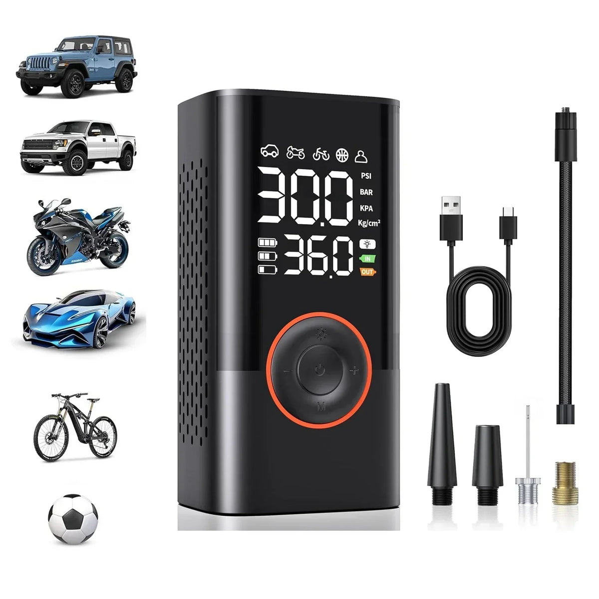 Kabelloser Reifenfüllkompressor 150PSI, 4000mAh, LCD, USB-C
