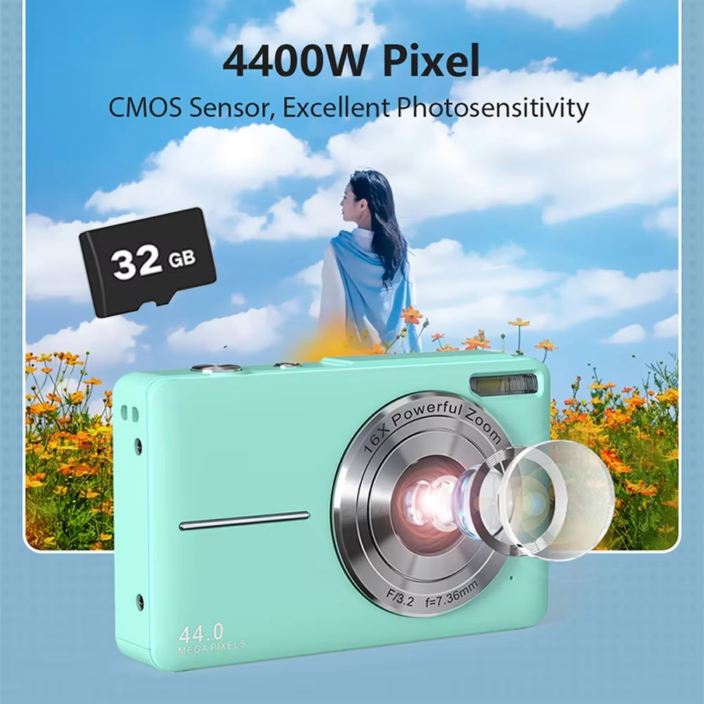 | Hochauflösende Digitalkamera für Kinder - 1080P HD, 44MP mit 16-fachem Zoom