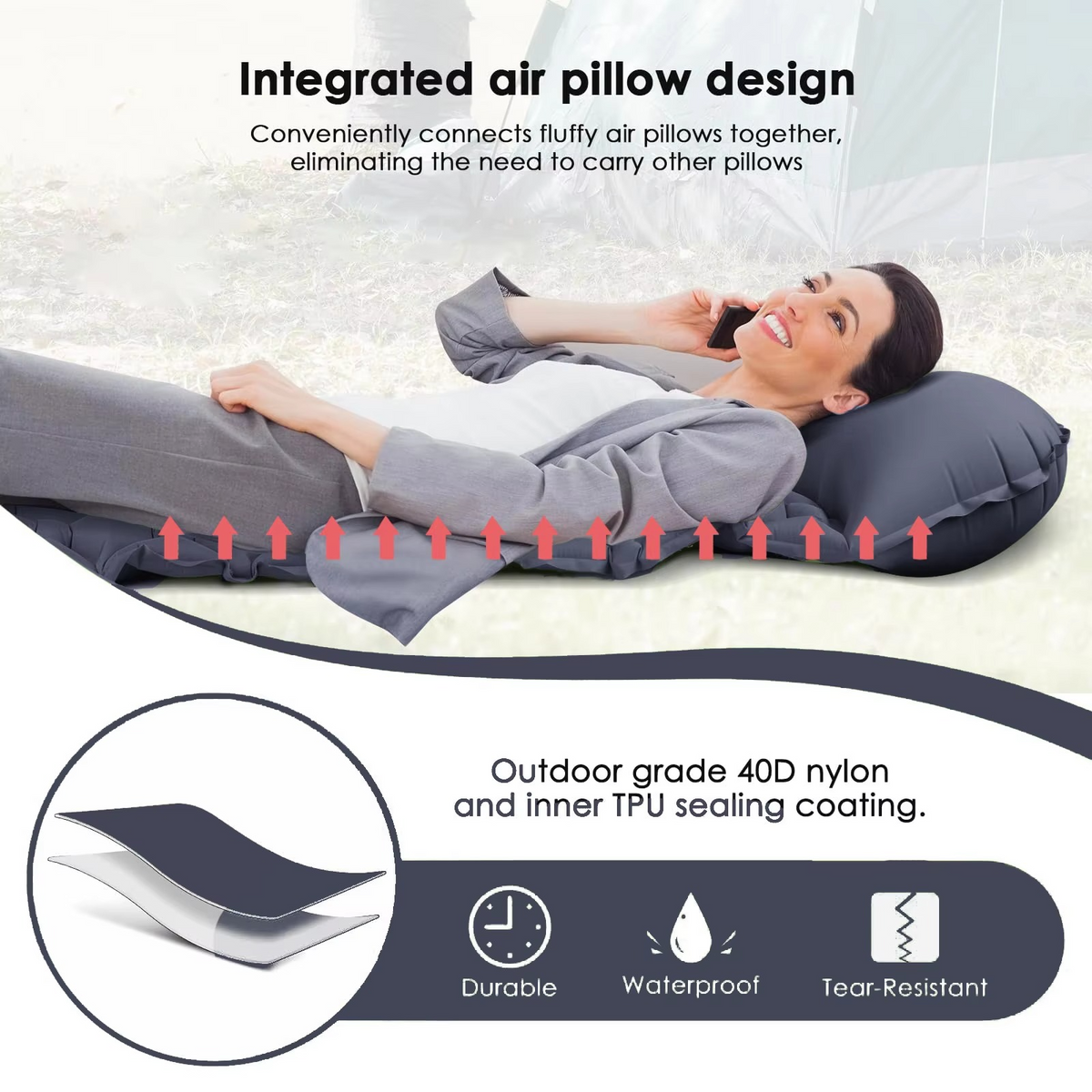 | Ultra-Comfort Luftmatratze für Camping mit integriertem Kopfkissen und Pumpe