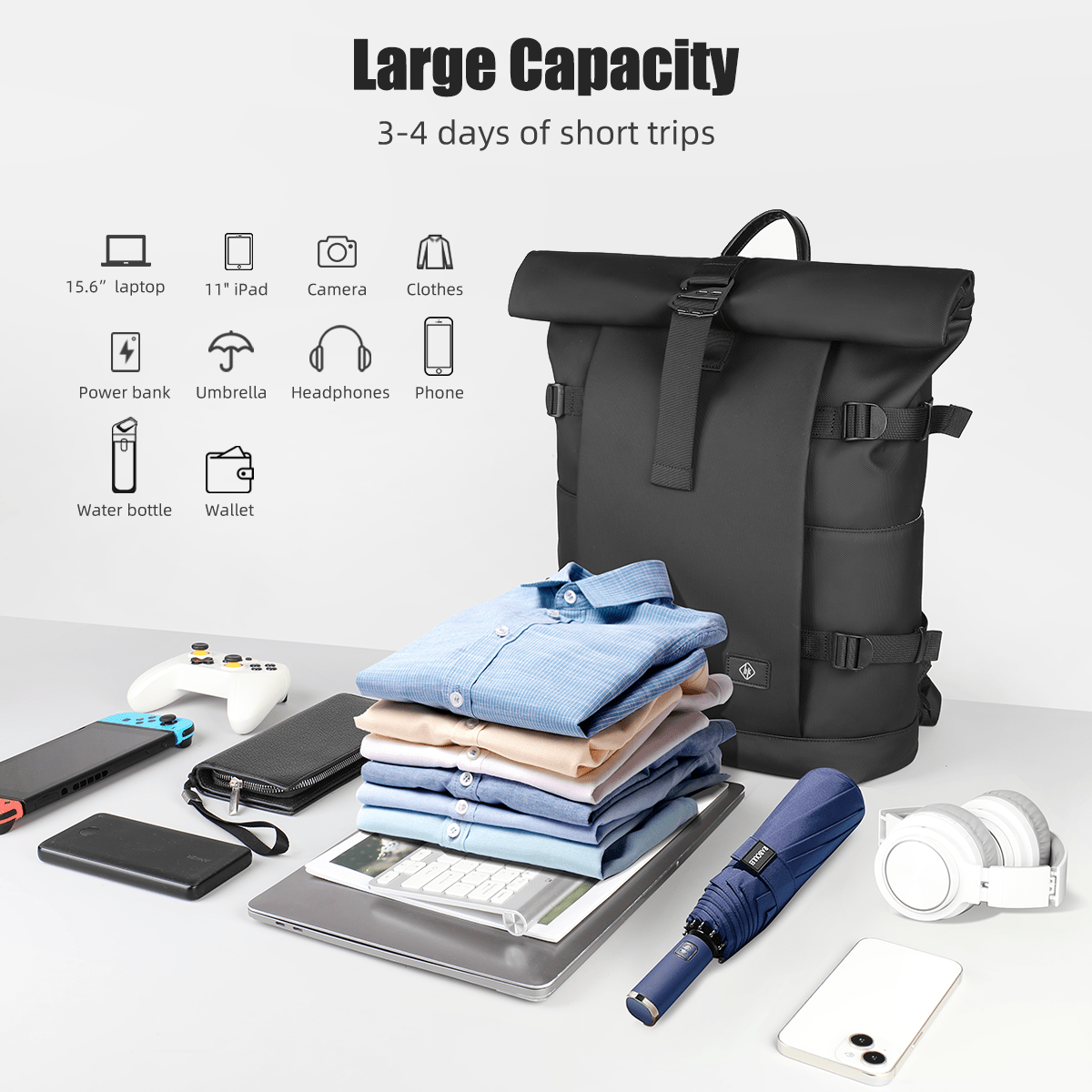 | Erweiterbarer Outdoor-Rucksack mit großem Volumen & Laptopfach