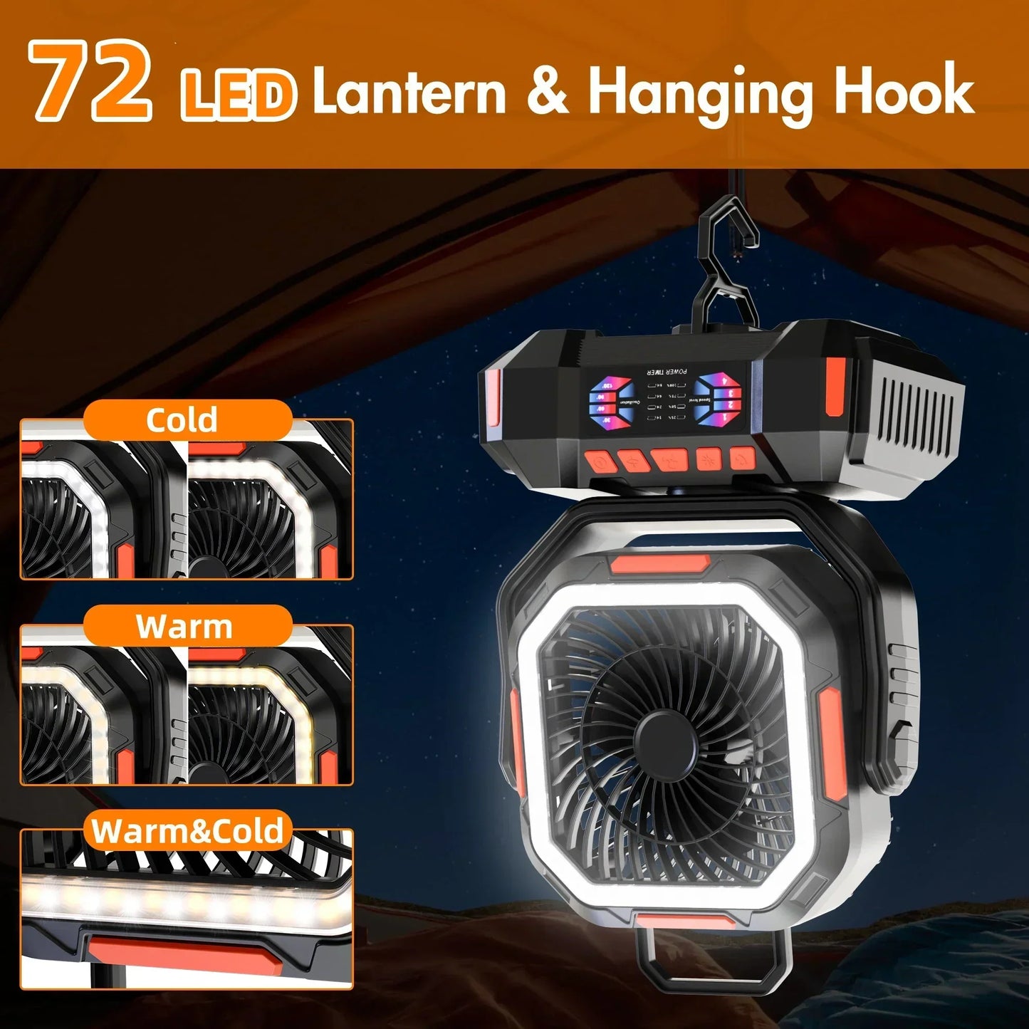 | Wiederaufladbarer Campingventilator mit 40000mAh Akku & LED Laterne – F22