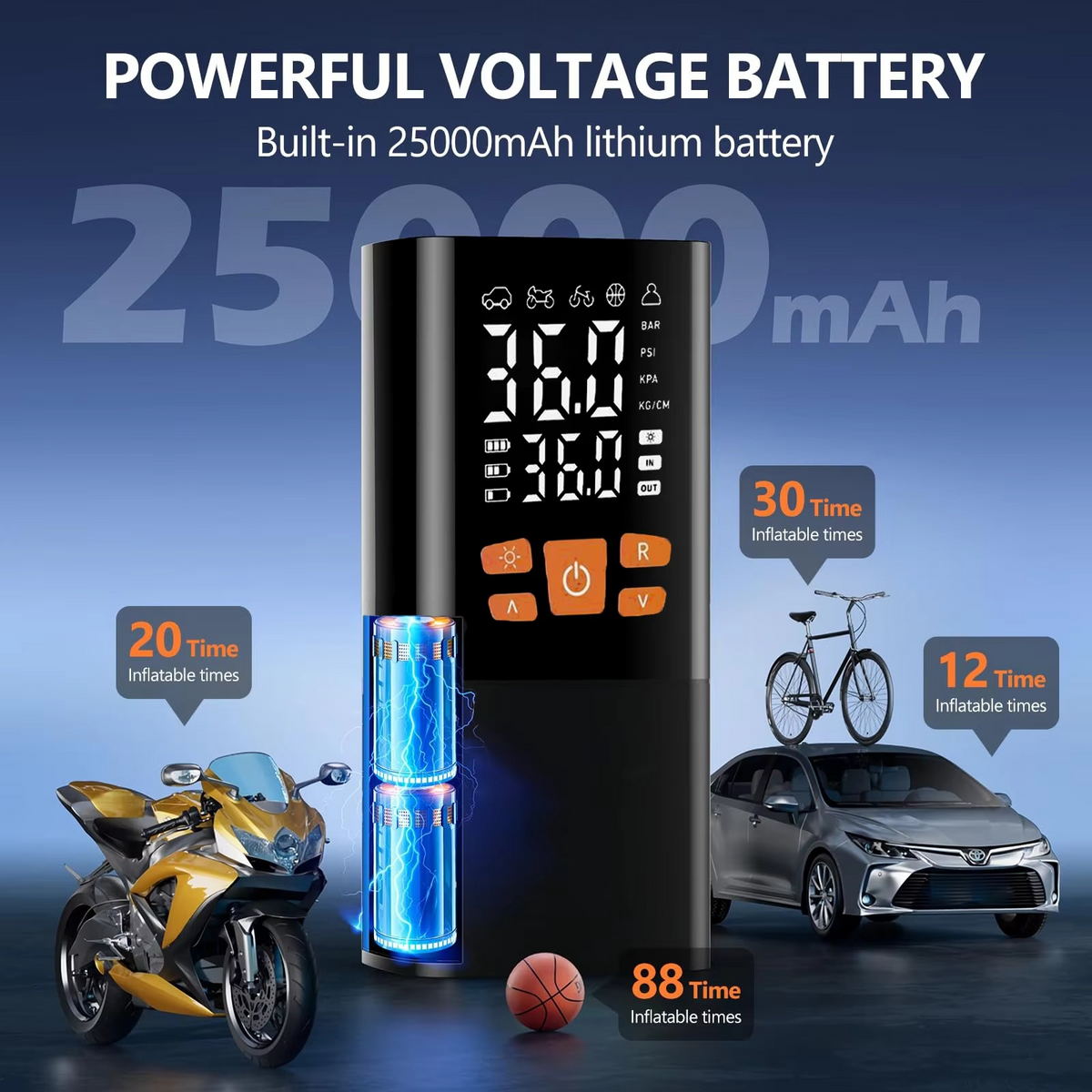 | Tragbarer Reifenfüller Luftkompressor, 180 PSI Wiederaufladbare Pumpe mit 25000mAh Akku
